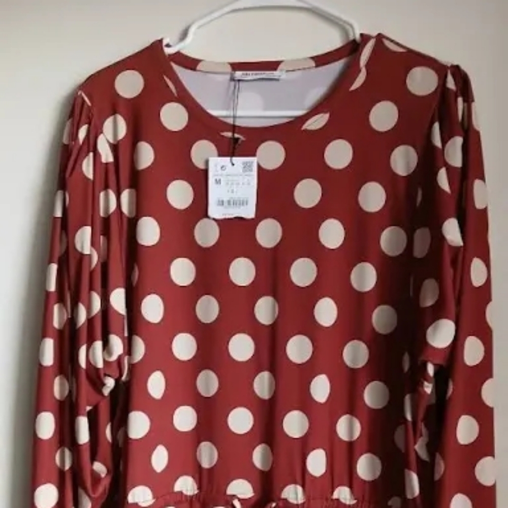ZARA Trafaluc-Polka Dot Long Sleeve Dress W/Drawstring Cinch Waist